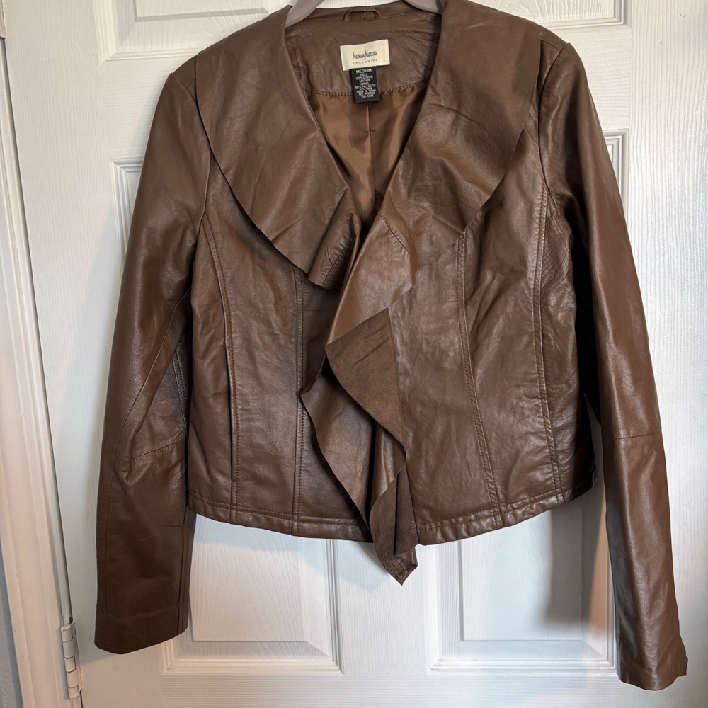 Neiman Marcus Exclusive Brown Genuine Leather Ruffle Draped Front Jacket Medium - Picture 2 of 15